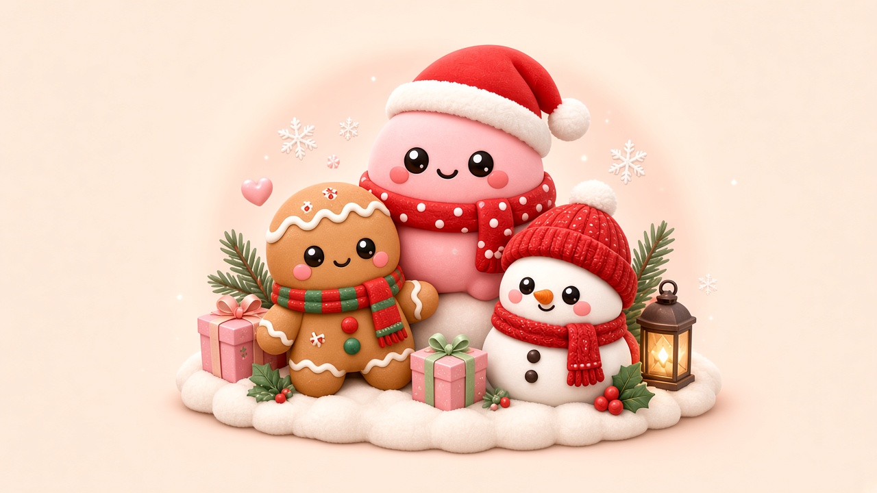 Holiday squishies: pink Santa squish, gingerbread friend, and snowman in knit hats